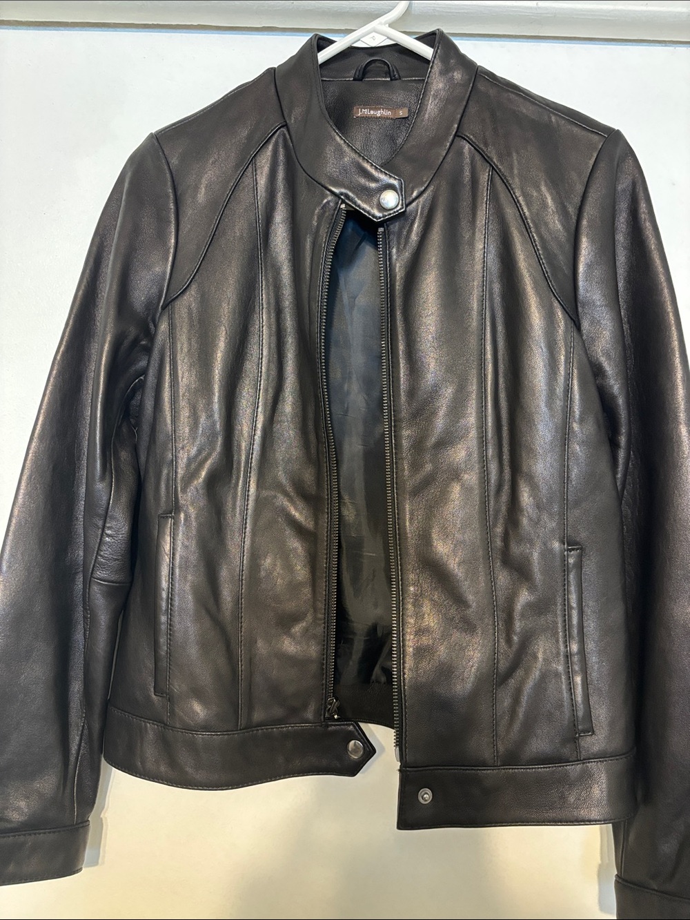 Women's Black Leather Snap-Collar Moto Jacket